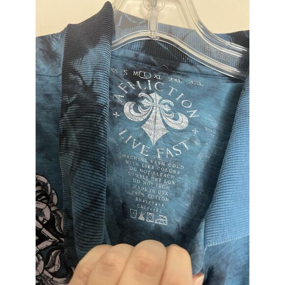 Affliction Mens Polo Shirt Large Blue Tie Dye Live Fast Short Sleeve Cross - Picture 7 of 10